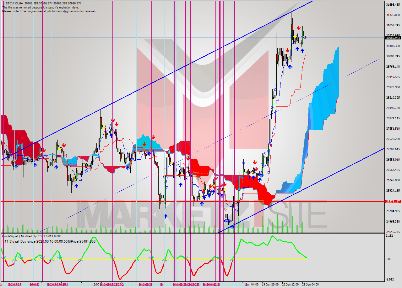 BTCUSD MultiTimeframe analysis at date 2023.06.24 04:00