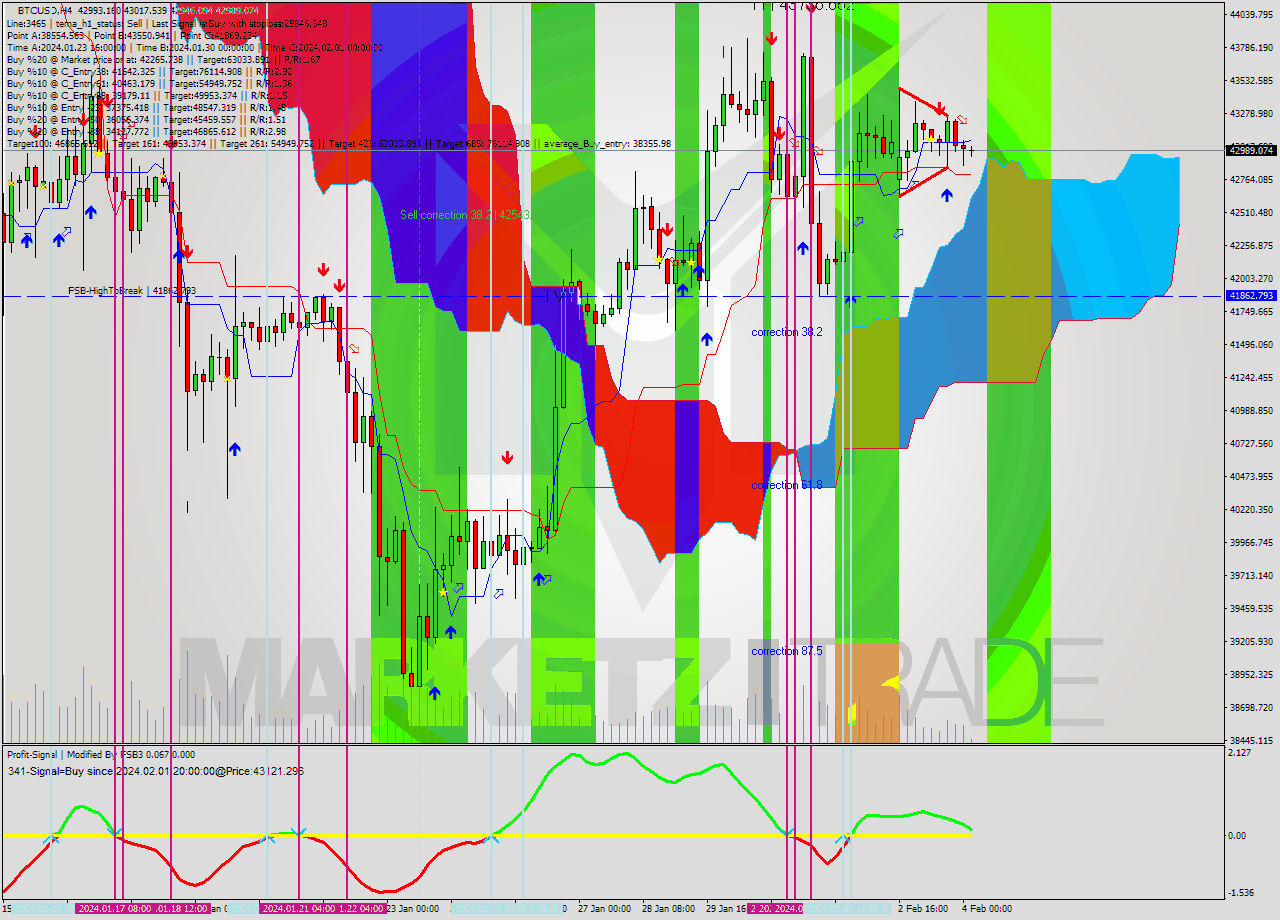 BTCUSD MultiTimeframe analysis at date 2024.01.31 17:33