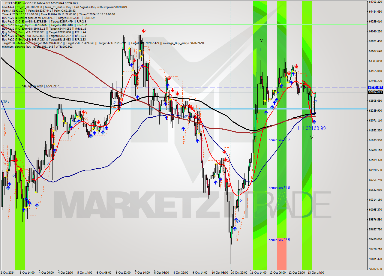 BTCUSD MultiTimeframe analysis at date 2024.10.13 20:02