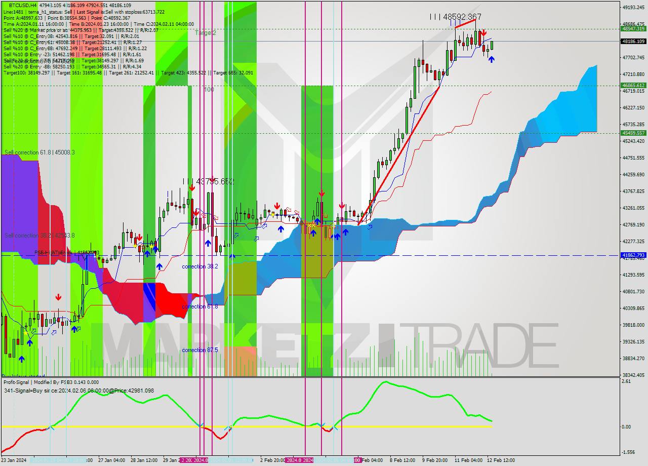 BTCUSD MultiTimeframe analysis at date 2024.02.12 16:27