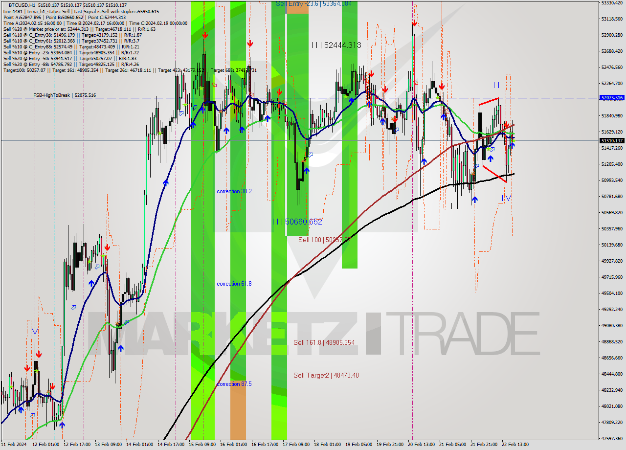 BTCUSD MultiTimeframe analysis at date 2024.02.22 19:00
