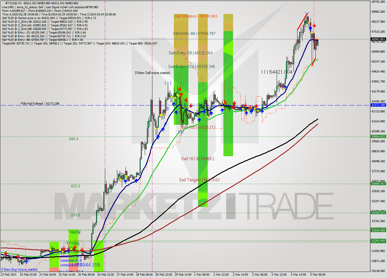 BTCUSD MultiTimeframe analysis at date 2024.03.05 12:28