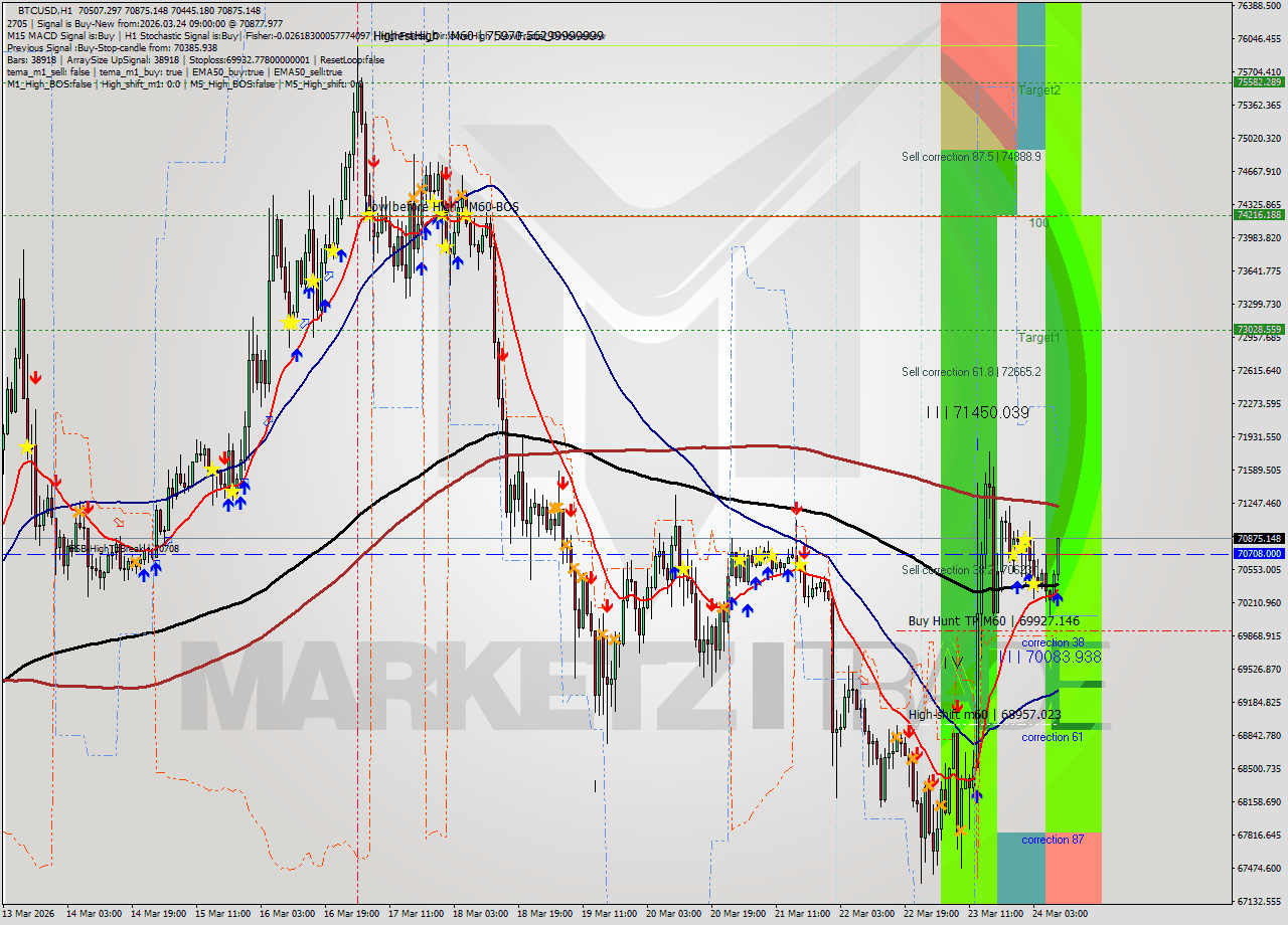 BTCUSD MTF analysis at 2026.03.24 09:13