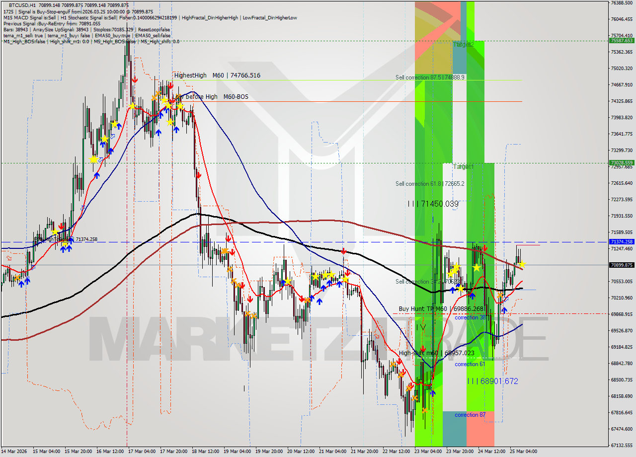 BTCUSD MTF analysis at 2026.03.25 10:00