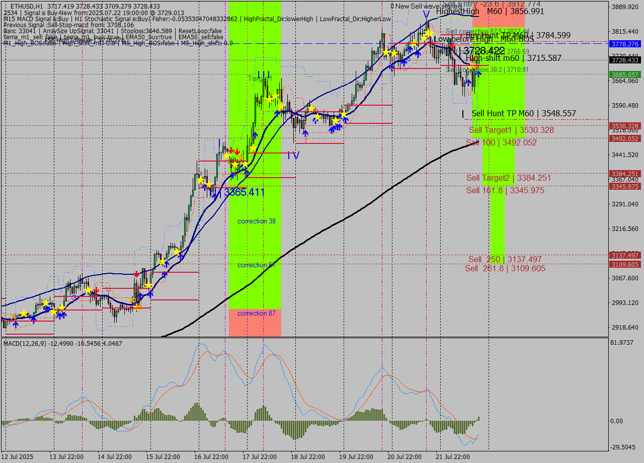 ETHUSD MTF analysis at 2025.07.22 19:05